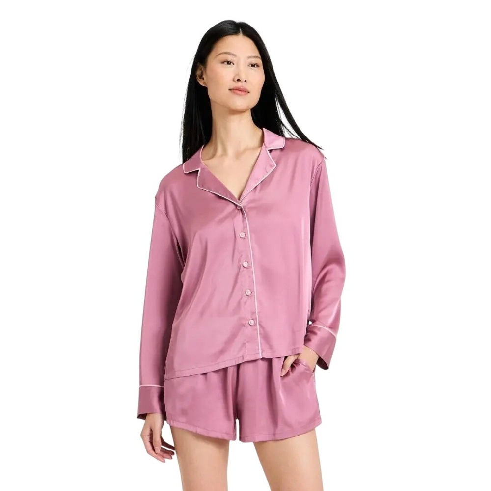 Auden Women's Mauve Luxe Satin 2pc Long Sleeve Shorts Pajama Set Size Large